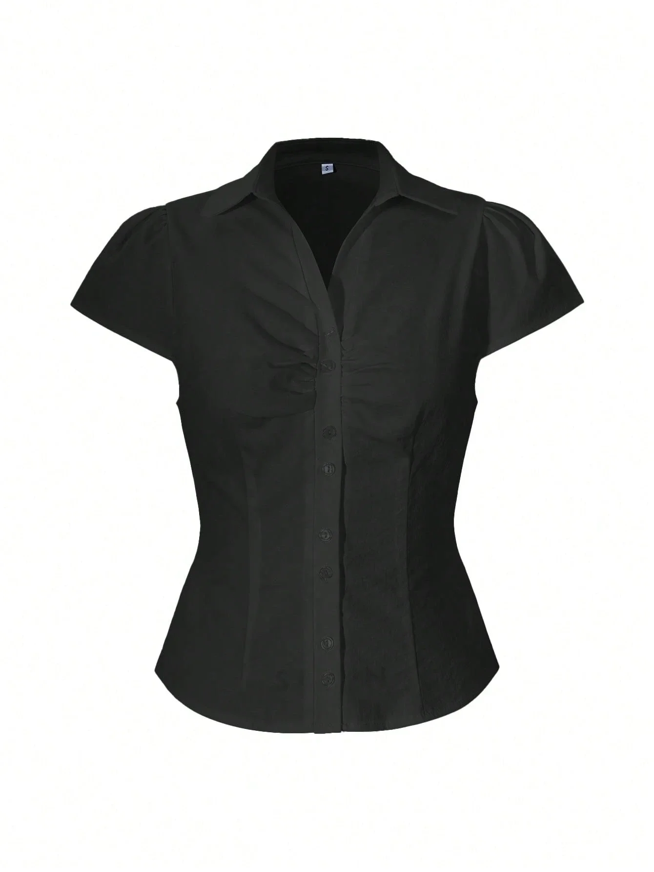

Women's Black Fitted Short Sleeve Shirt With Buttons Collar Casual Top