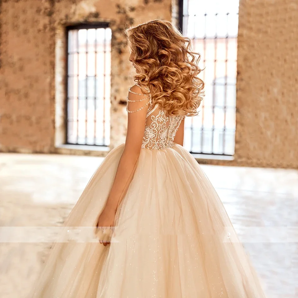 

Flower Girl Dresses Sleeveless Sparkly Beading For Wedding Fluffy Princess Lace Appliques Princess Formal Occasions Gown