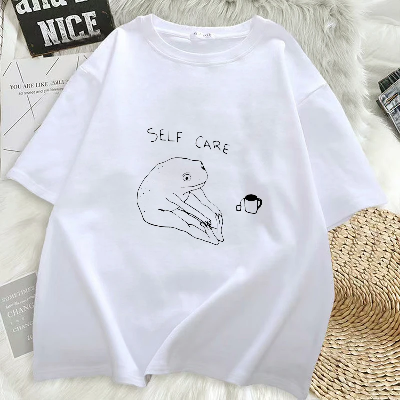 

Funny Frog Self Care T-Shirt Retro Cottagecore Frog Printed Tshirt Women Men Summer Round Neck Short Sleeve Tee Shirt Streetwear