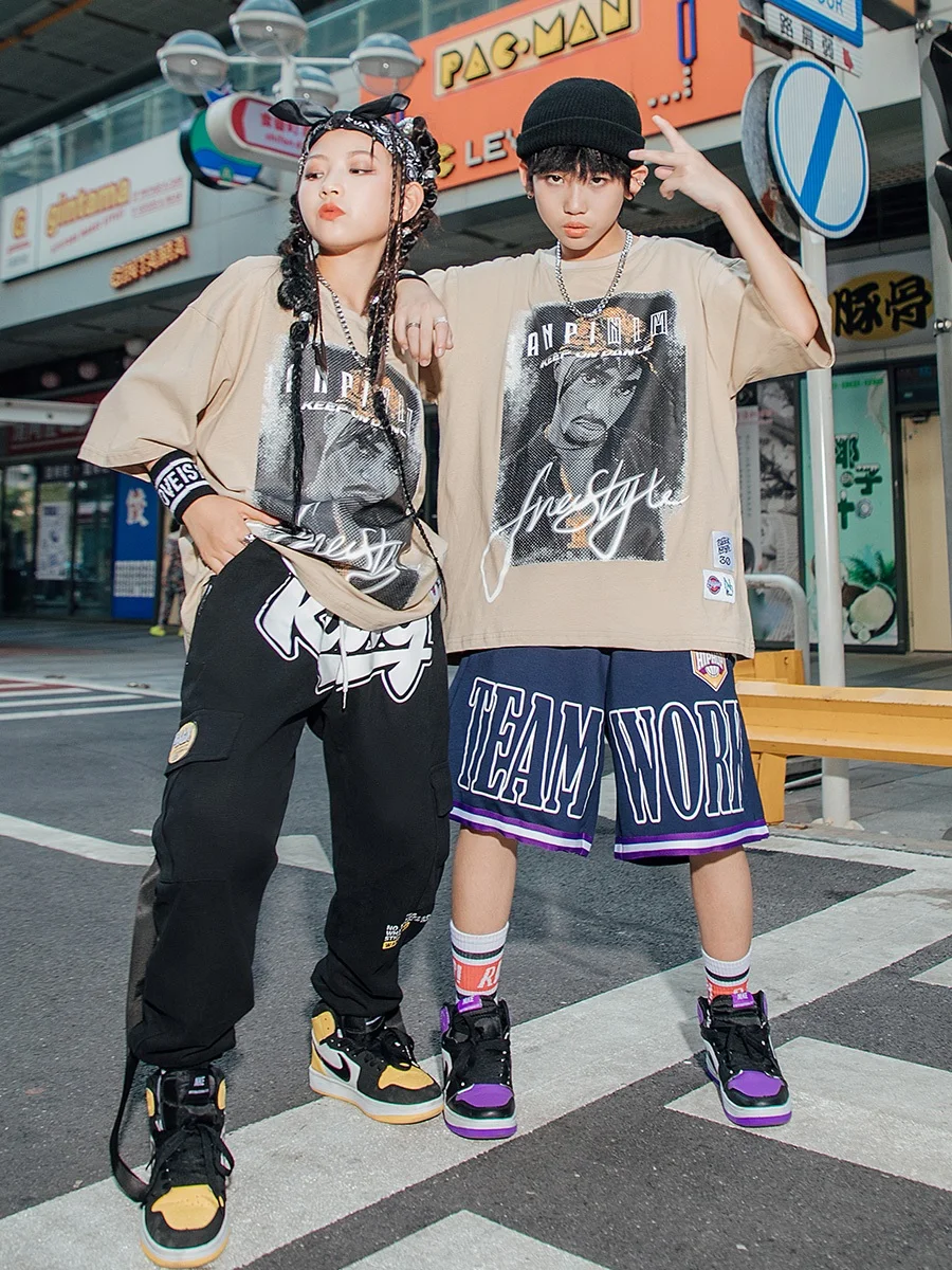 

2024 Street Dance Hip Hop Clothing For Kids Loose Shirts Cargo Pants Outfits Girls Boys Jazz Dance Performance Costumes DQS12834