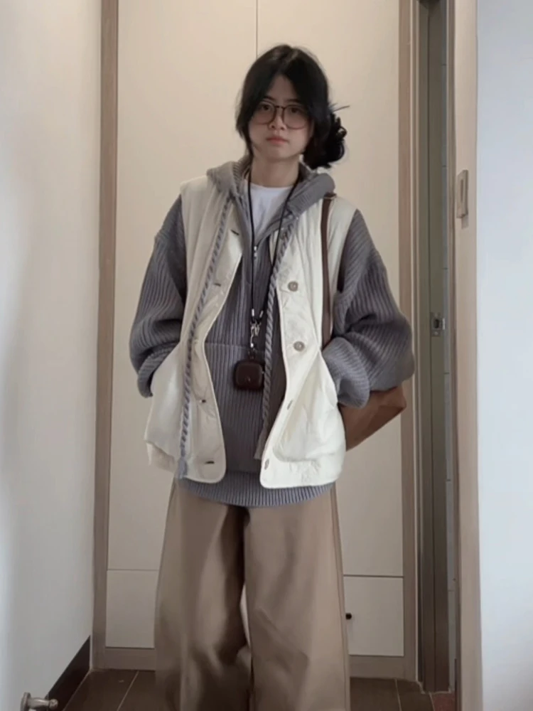 Modna kamizelka z bawełny, odzież wierzchnia damska, luźna, codzienna, ciepła na jesień i zimę, młodzieżowa, okrągły dekolt.