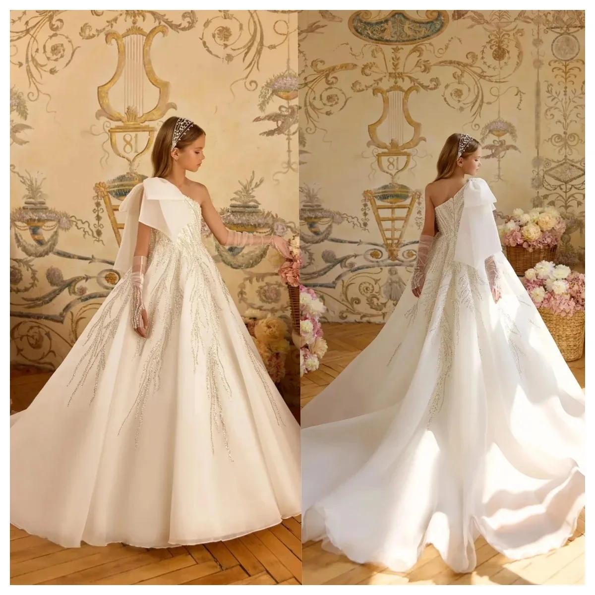 Maßgeschneidertes Prinzessinnenkleid mit One-Shoulder-Schleife für Mädchen, elegantes A-Linien-Satinkleid, perlenbesetztes Blumenmädchenkleid, für Hochzeiten, Geburtstage.