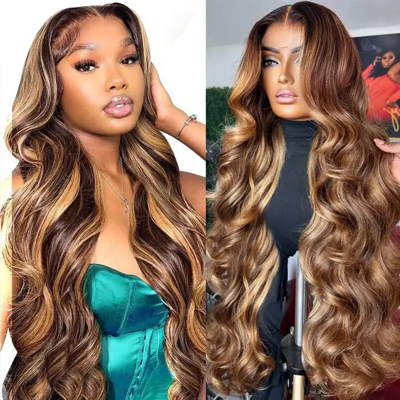 13X4 Highlight Ombre 4/27 Body Wave Lace Front Wigs Human Hair Honey BlondeLace Frontal Wigs For Women  200% Pre Plucked