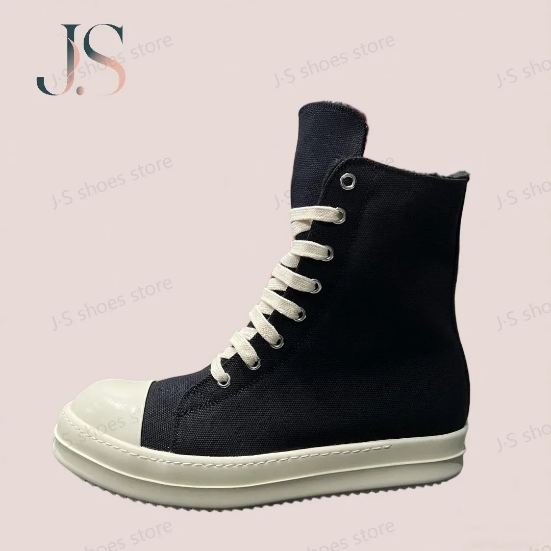 

R-o Outdoor Boots Black Canvas Short Plush High Top Shoes Sneakers Men Shoe Retro Zipper Women Ankle Boot Casual Sneaker