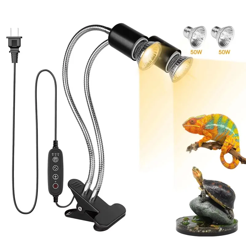 

Reptile Heat Lamp Double-Head UVA UVB Light with Clamp Cycle Timer Separately Controlled Bearded Dragon Lizard Turtle Basking