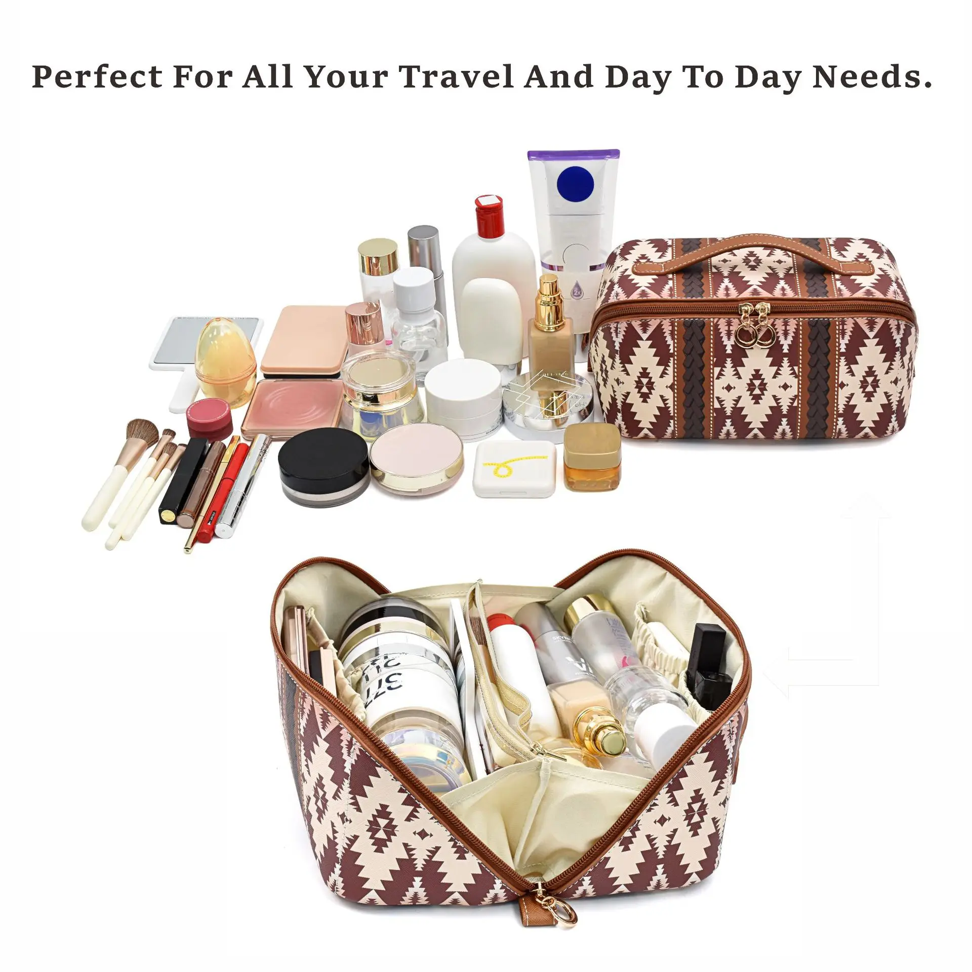 Bohemian Style Makeup Bag PU Leather Waterproof Portable Cosmetic Bag Outdoor Large Capacity Toiletry Wash Organizer for Travel