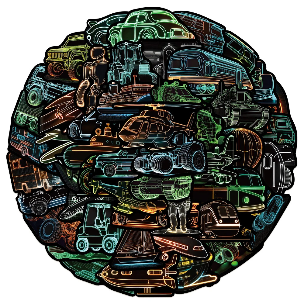 10/30/50pcs Neon Magic Transportation Vehicle Stickers Cartoon Creative Decals Scrapbook Phone Suitcase Graffiti Sticker Packing