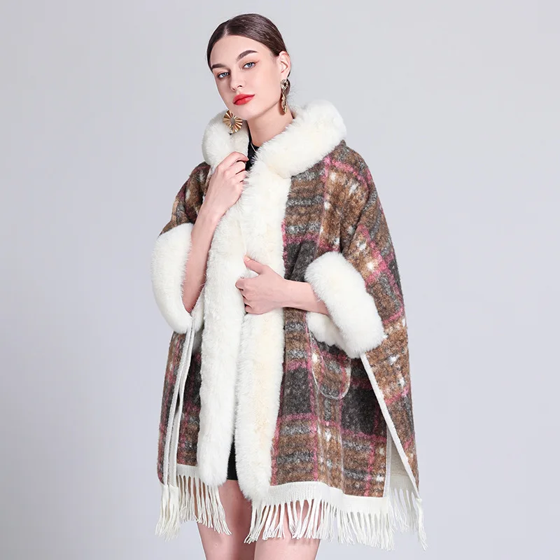 Fashion Warm Like Lamb Wool Coat Hood Long Vibrant Faux Fur Trims Cape Women Winter Thicken Lining Overcoat Loose New Year Gift