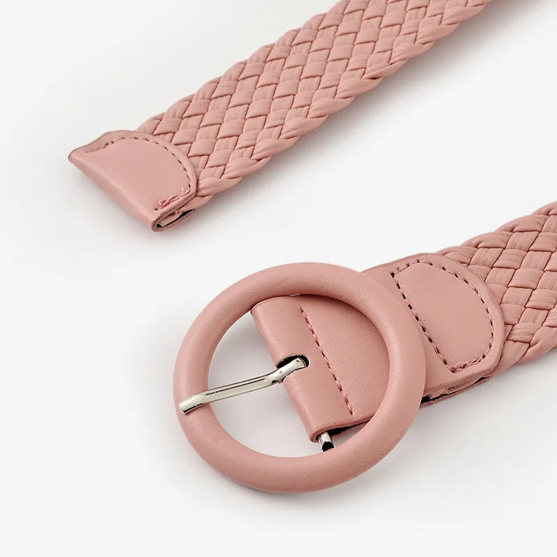 3.8cm Solid Color Woven Women's Belt Fashion Candy Color Alloy Pin Buckle Trendy All Match One Size Belt for Women Pu Material