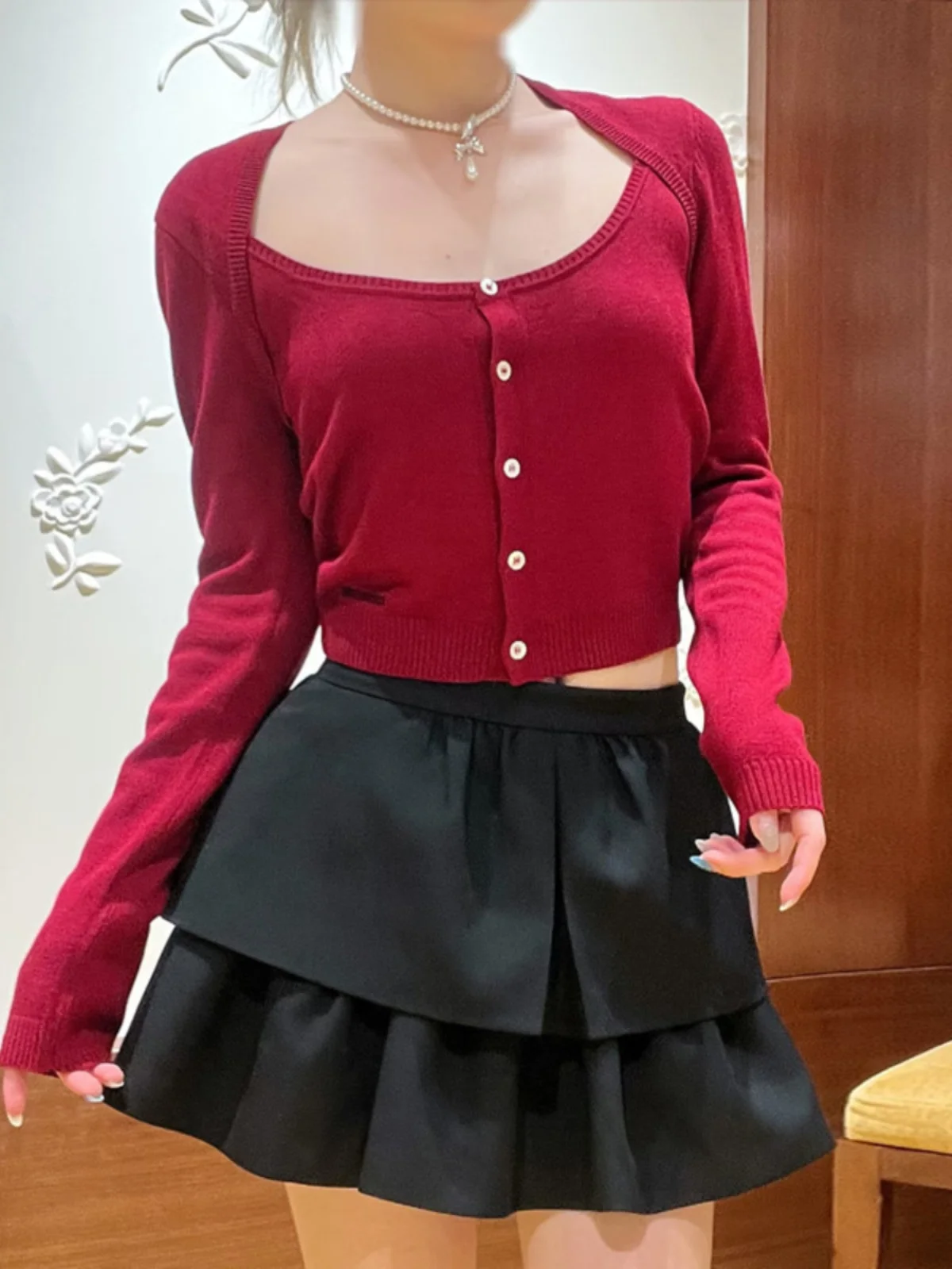 

Sweet Style Short Splice Knitted Sweater Fake Two-Piece Shoulder Open Cardigan Women's Slim Fit Long Sleeve round Neck Spring...