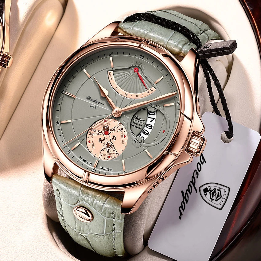 

POEDAGAR Fashion Brand Leather Strap Men's Watches Sports Quartz Original Wristwatches Waterproof Date Luminous Gold Watch