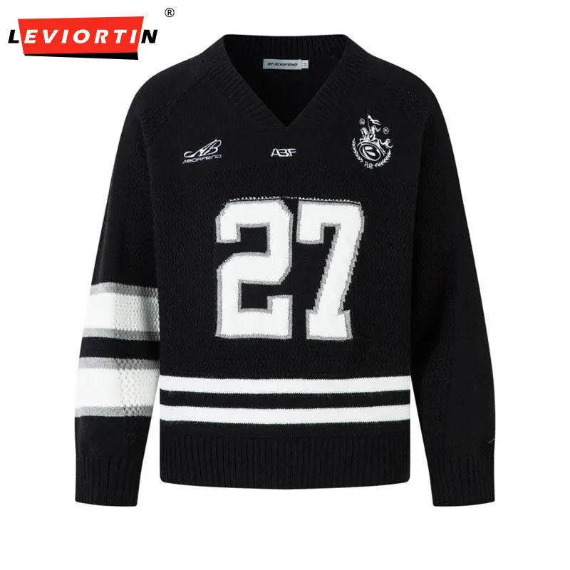 

Men's Spring and Autumn Street Trendy American Loose Casual Long Sleeve Knitted Shirt Jersey 27 Number Jacquard V-neck Sweater