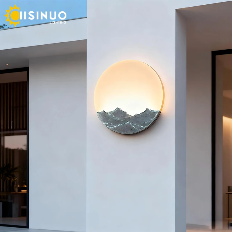 Outdoor Round Wall Light Stainless Steel Villa Lamp Artistic Mountain-Water Pattern Lighting Weatherproof for Courtyard Entryway