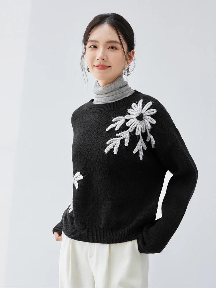 

SENTUBILA Casual Embroidery Knitted Pullovers for Women 2024 Winter Loose Fit Spliced O Neck Long Sleeve Women Tops W44E57163