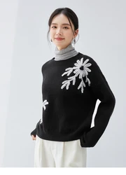 SENTUBILA Casual Embroidery Knitted Pullovers for Women 2024 Winter Loose Fit Spliced O Neck Long Sleeve Women Tops W44E57163