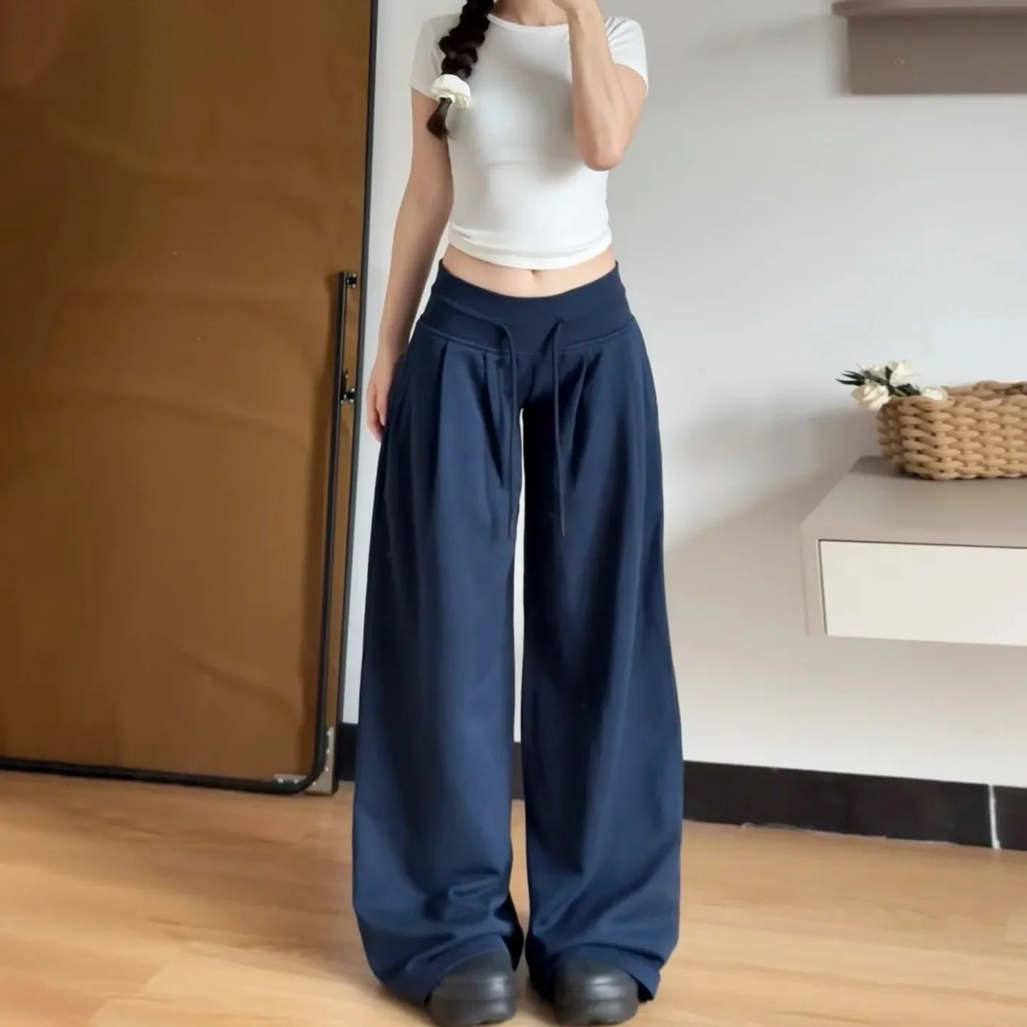 الأمريكية الرجعية الأزرق الداكن الرباط مطوي Sweatpants المرأة منخفضة الخصر فضفاض ثنى واسعة الساق السراويل الرياضية الخريف جديد