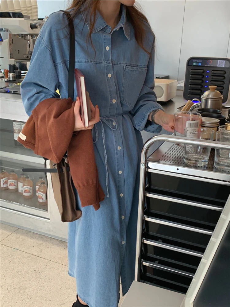 Korea Fashion Spring New Women Shirt Denim Dresses Jeans Over Sized Lace Up High Waist Elegant Vintage Fashionable Long Dresses