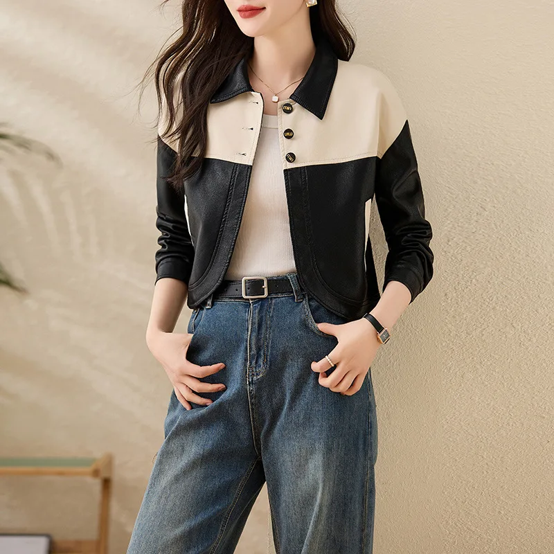 

2024 Spring and Autumn Women's Coat Women's White Collar Leather jacket Motorcycle suit Trendy splicing Women's Sheepskin