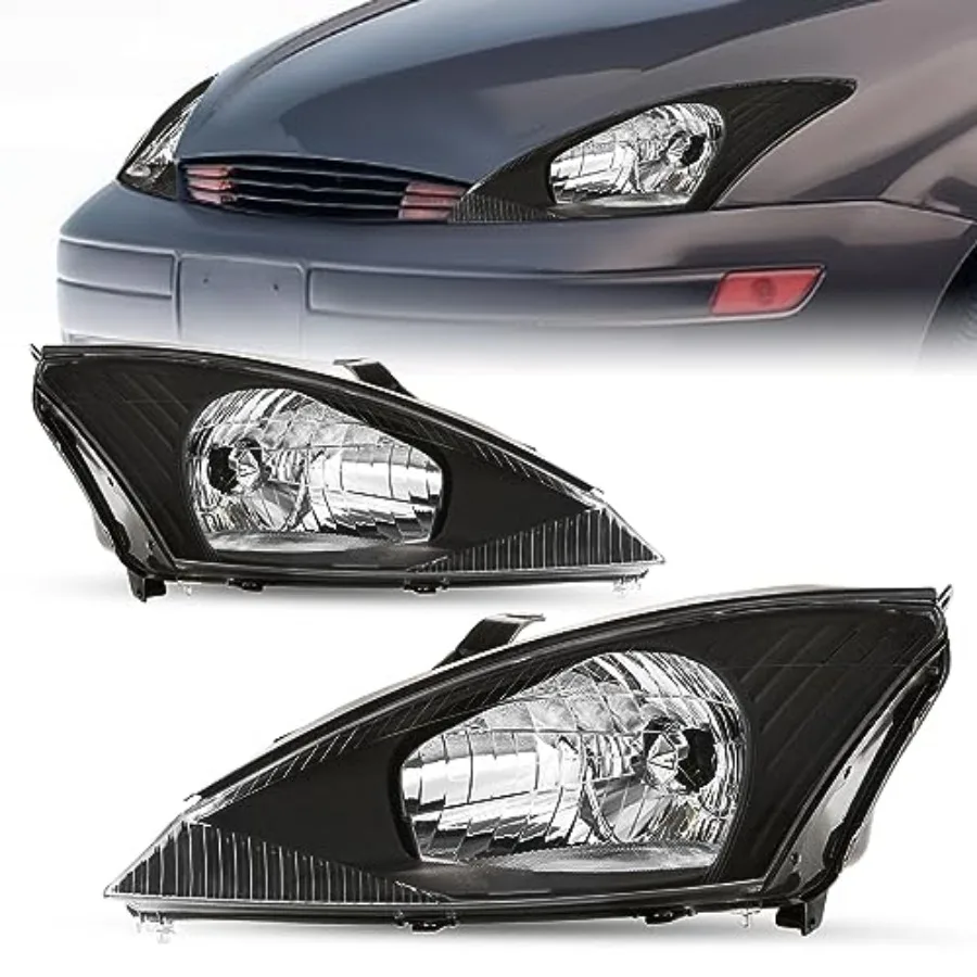 

Headlight Assembly Pair for 2000 2001 2002 2003 2004 Focus Front Headlamp Black Housing with Clear Reflector L+R