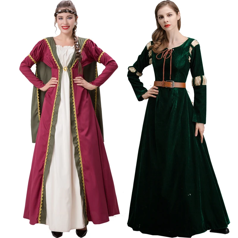 

European Style Long Dress Queen Princess Role Play Costume Halloween Performance Outfit Women's Retro Court Attire Party Show...
