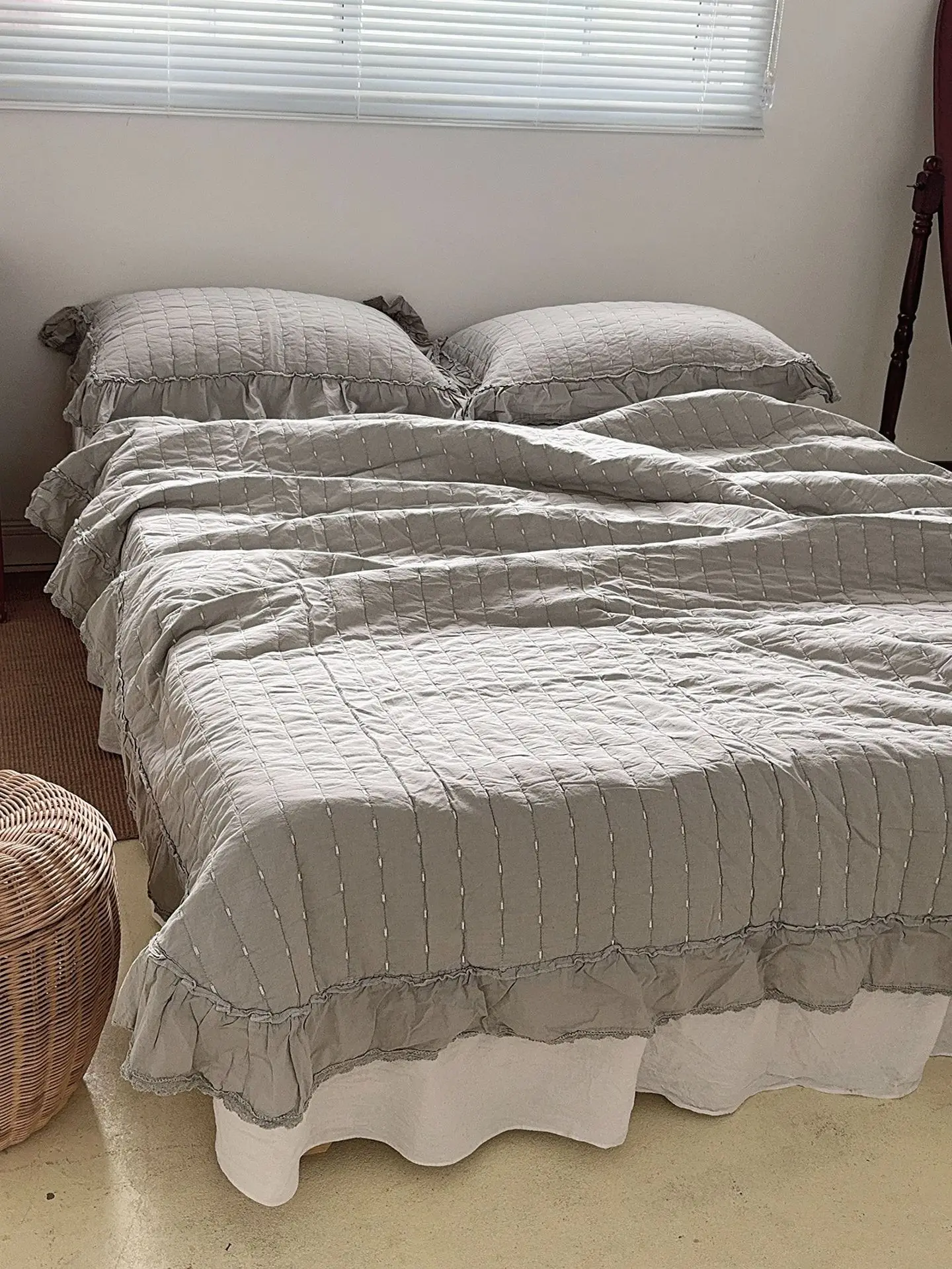 100% Cotton Sand Washed Bedspread Set 3pcs, Lace Trim Summer Quilt - Lightweight Breathable Comforter, Eco Enzyme Dyed Quilted