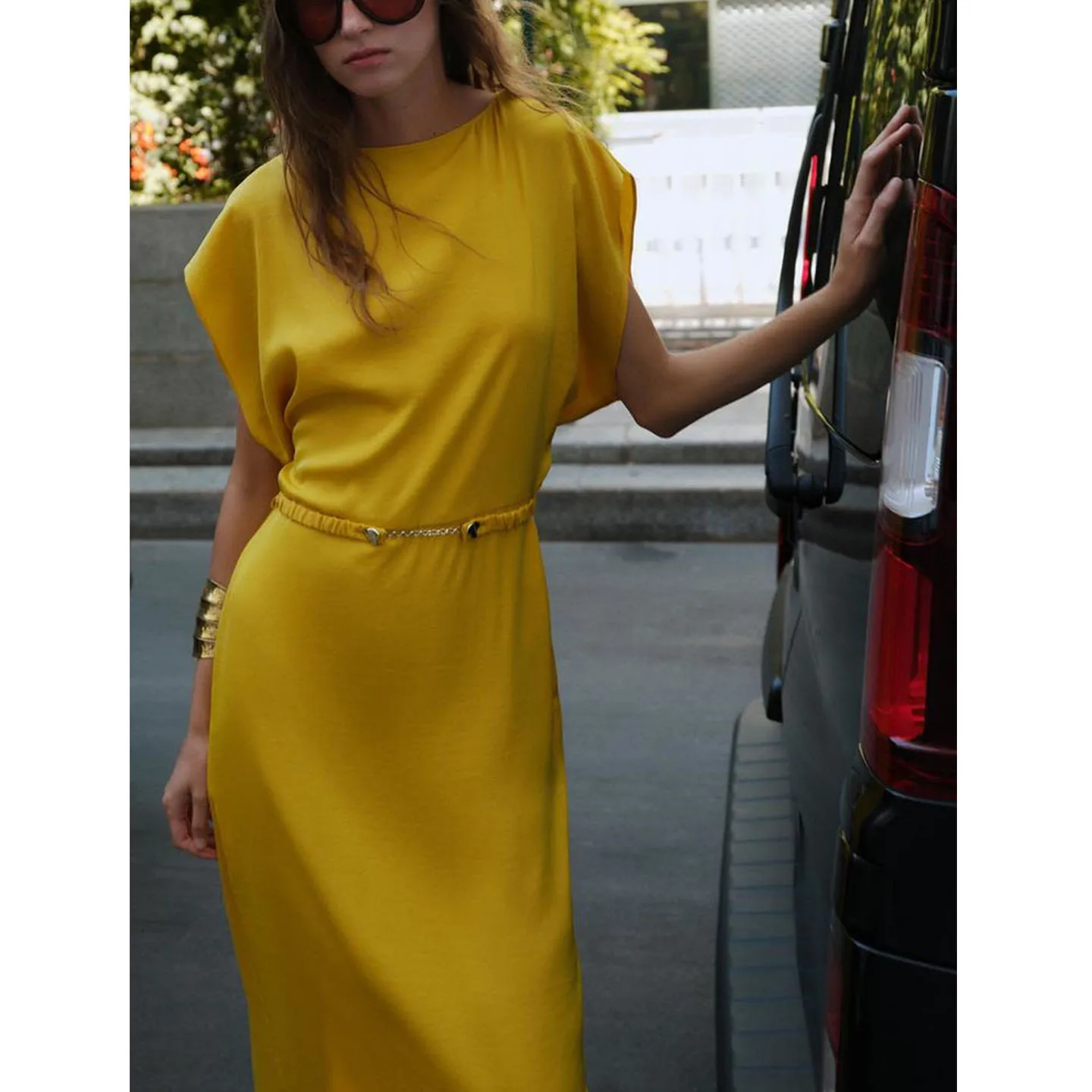 Autumnal Silk Satin Midi Dr Women's Casual ort Sve Pleated One oulder Belted V-ne Gown X-aped Polyester Fiber