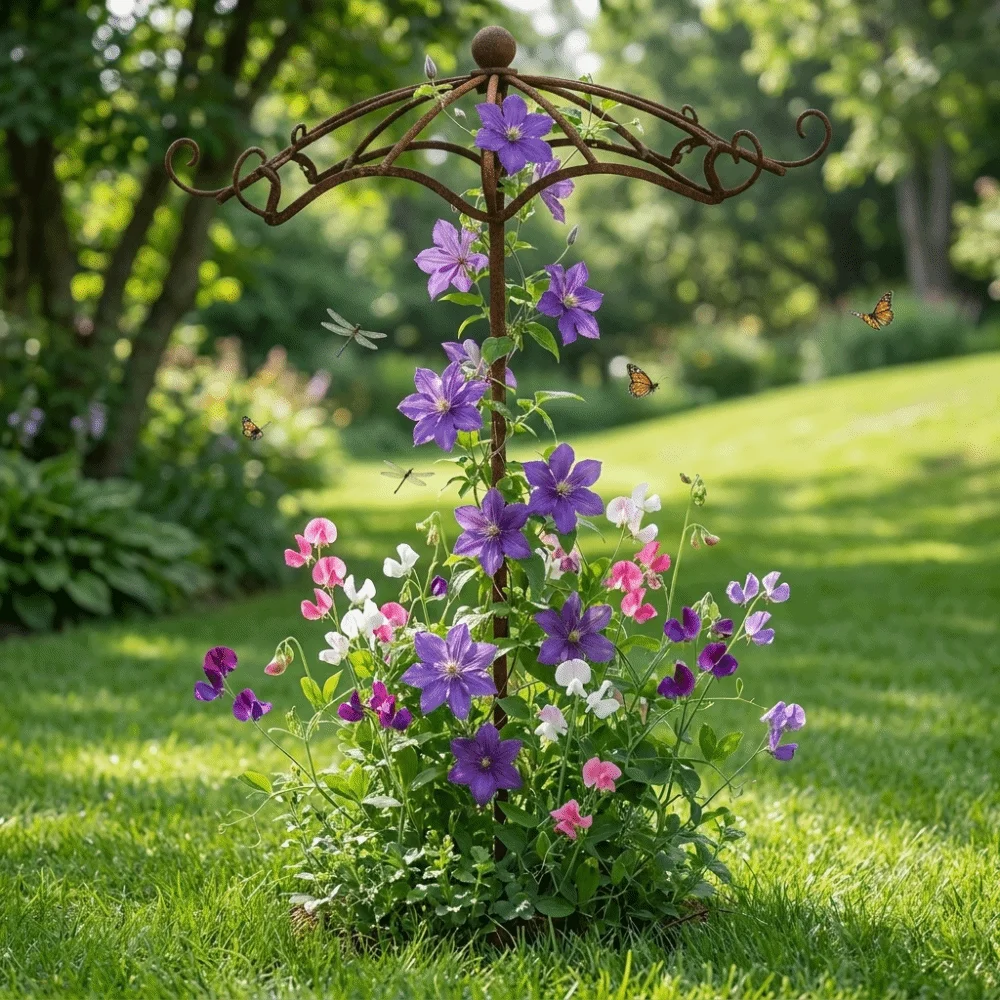 Retro Rusted Umbrella Shape Plant Support Pile Prevent Tipping Over Weather-Resistant Climbing Vine Stake Iron Detachable