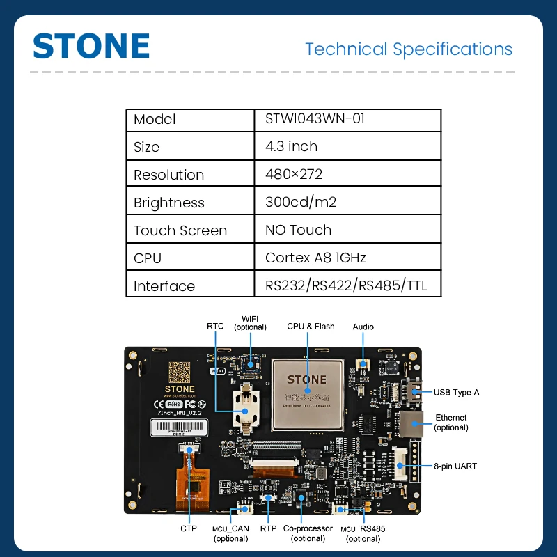STONE I 4.3 inch 480*272 HMI TFT LCD Display Module UART Port without touch screen for Arduino Mega 2560 uno q r372