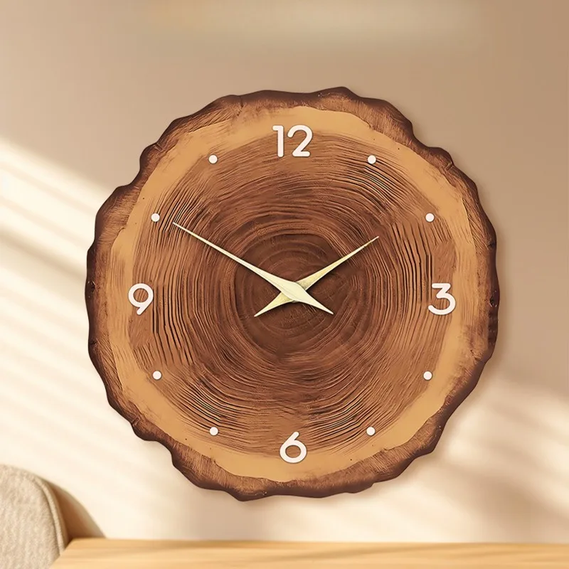 Art Ring Wood Veneer Hanging ClockFlat Wood Cross-sectional Texture Pattern Solid Wood Pointer Design Hanging Clock,Silent Clock