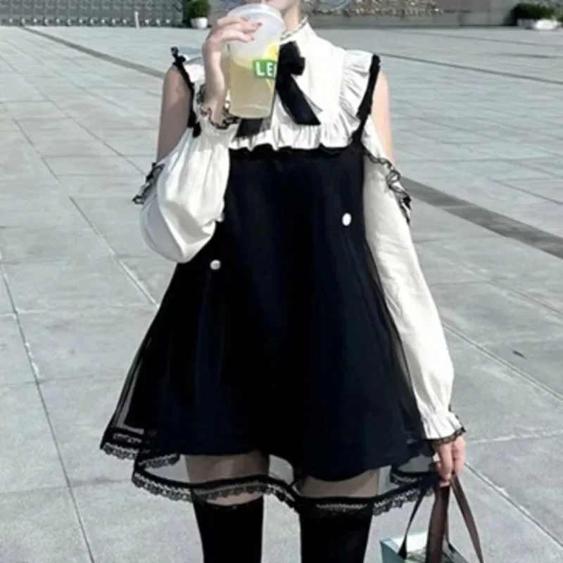 Y2K بناتي متخصص ثقافة فرعية فساتين الدانتيل Kawaii الزي مجموعة لوليتا فتاة الصيف الشارع الشهير كعكة واضح القوطية خارج فستان باكتاف مفتوحة