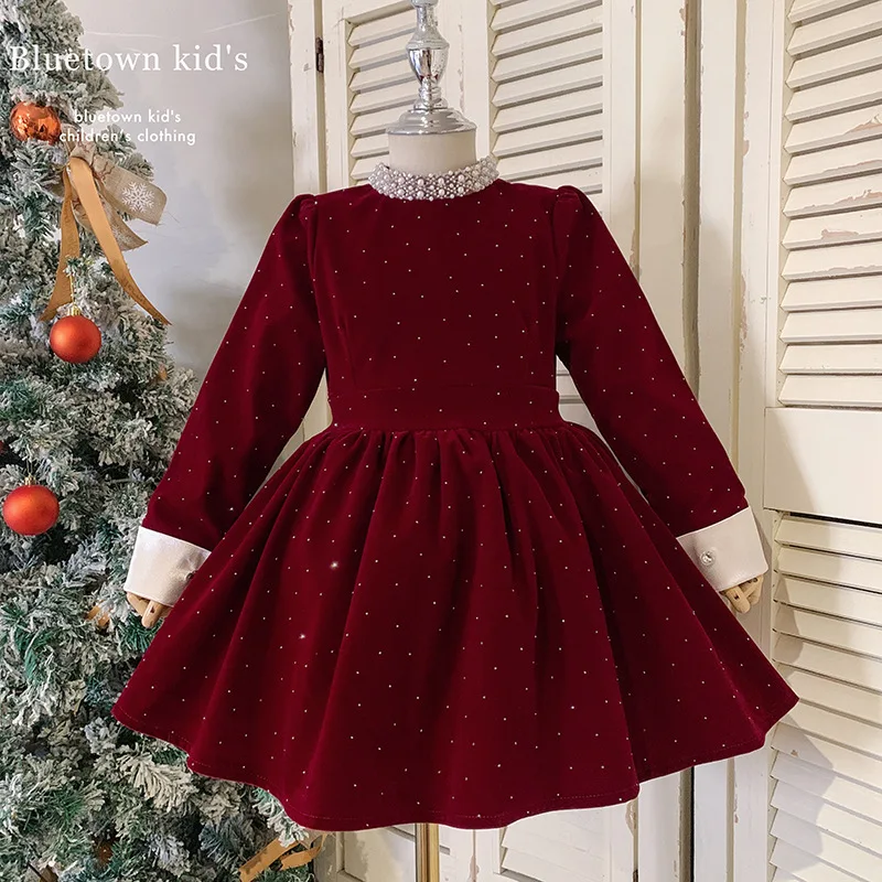 Girls New Bright Diamond Sparkling Velvet Pearl Collar Puffy Princess Dress