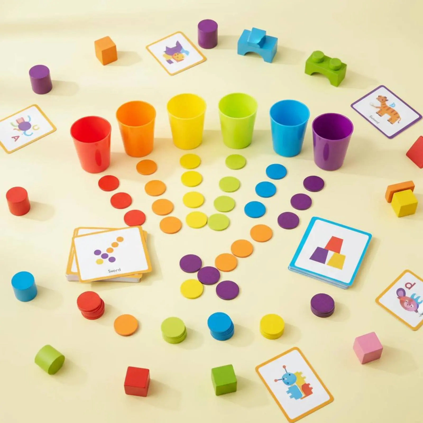 Stackable Cups and Discs Game Early Education Color Sorting Container Set Preschool Learning Cups Hand-Vision Coordination