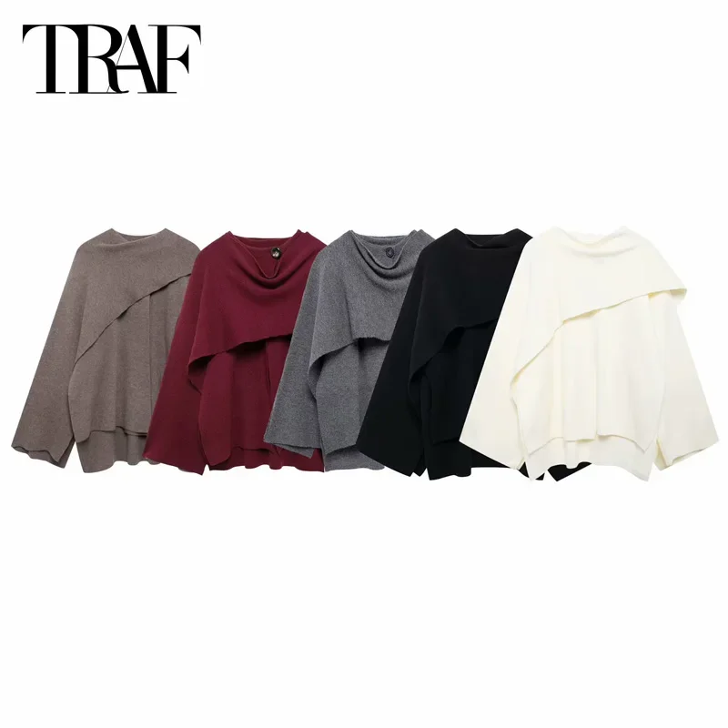 TRAF Poncho Scarf Cardigan Women's Sweater Autumn Winter Coats Woman 2024 Long Sleeve Caots Knitwear Casual Fashion Outerwears