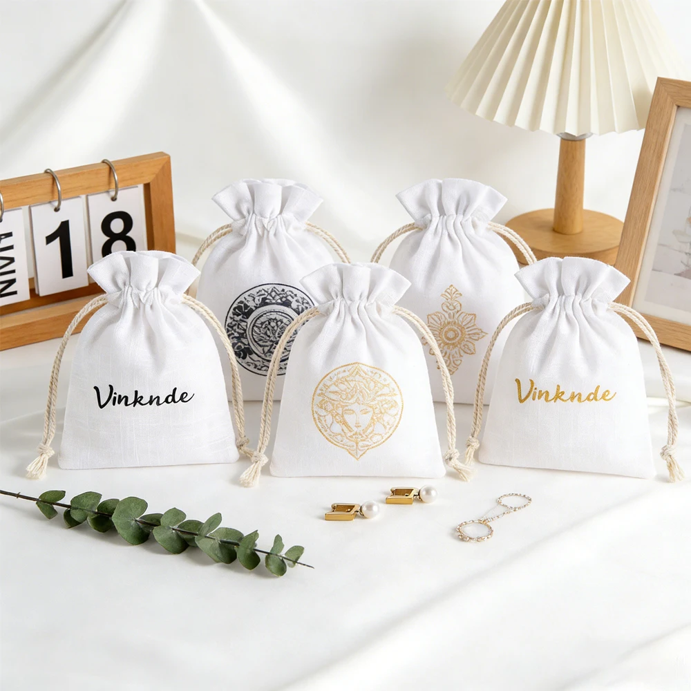 

Custom 50/100pcs Jewelry Packaging Pouch Nature Cotton Canvas Bags Personalized Logo Drawstring Gift Pouches Rings Earrings Bag