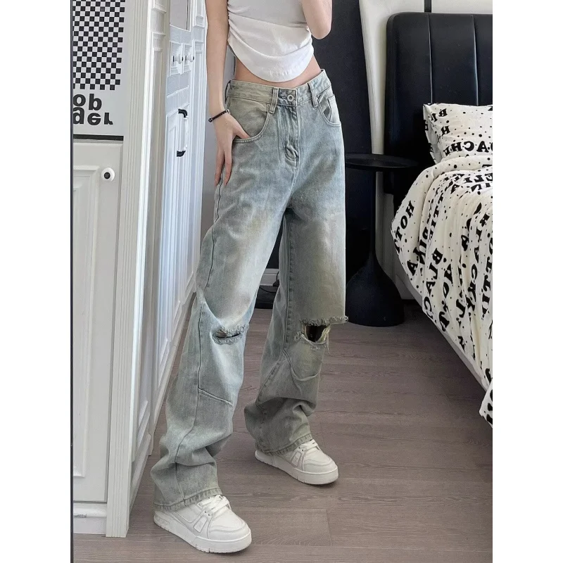 Blue American High Street Washed-out Vintage Straight Ripped Jeans Trendy Summer New Casual Pants Men and Women Trendy