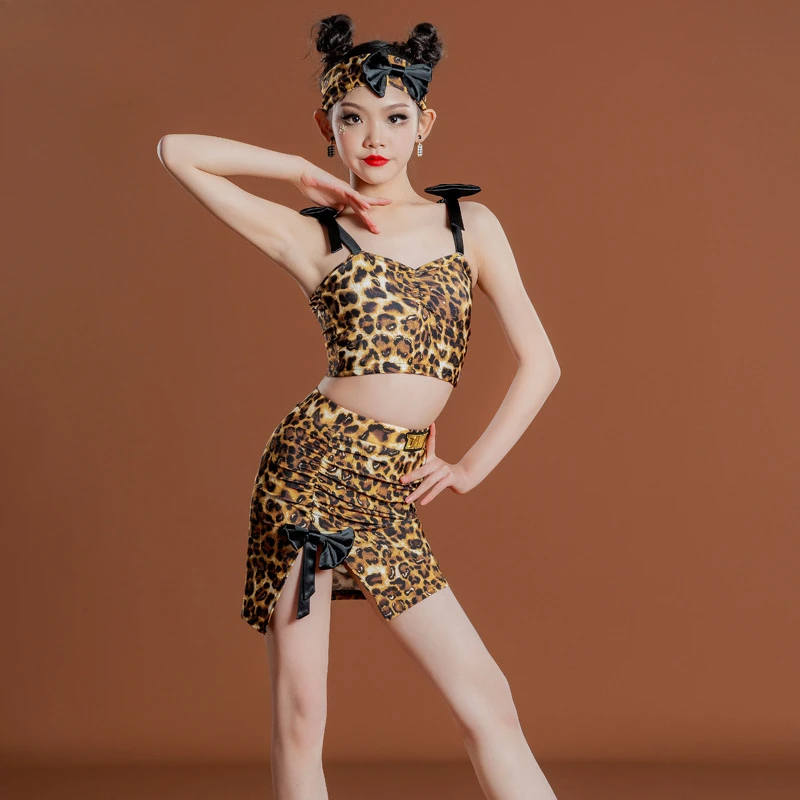 

Customized DNW Children's Latin Dance Dress Performance Clothing Girls' Practice Dress Split Skirt Suit Leopard Line Dancer Suit