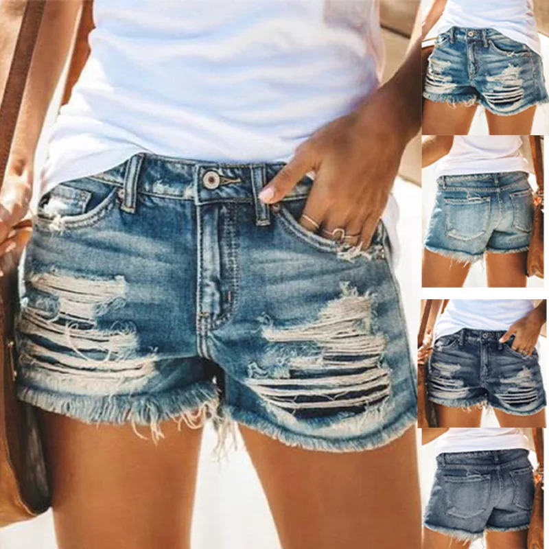 

Blue Hem Denim Shorts Ripped Holes Slash Pockets Short Denim Pants Women's Denim Jeans Ladies Ripped Solid Color Shorts Q839