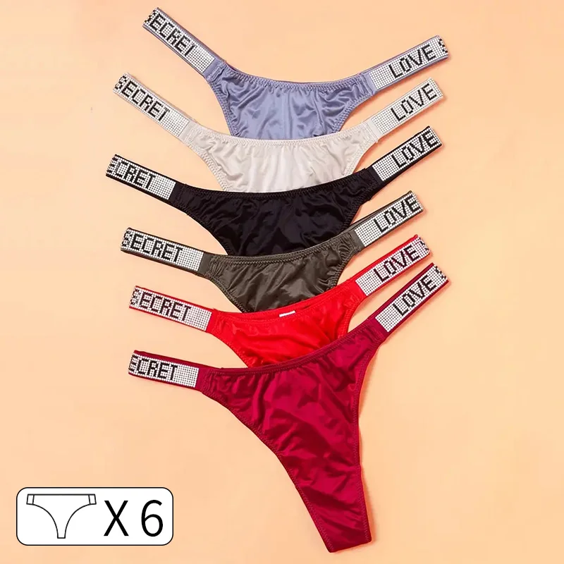 6Pcs Low Waist Sexy Panties Women Thongs Rhinestones Letter Diamonds G-string Sports Thong Shorts Briefs T-back Size S-XL