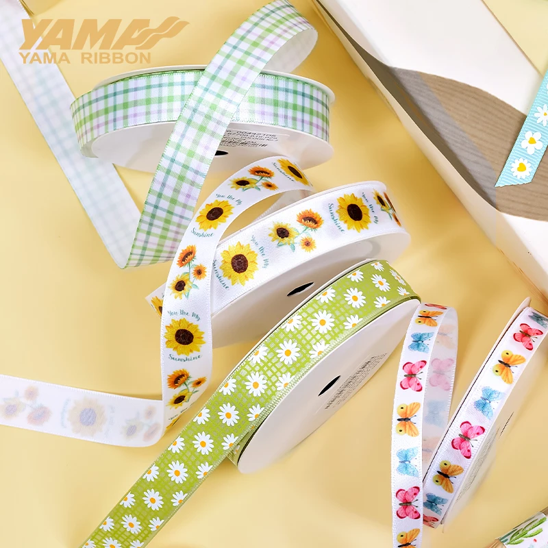 YAMA Flower Print Satin Ribbon 9mm 16mm 10yards/roll Romantic Ribbon for Crafts DIY Bouquet Gift Decoration Supplies