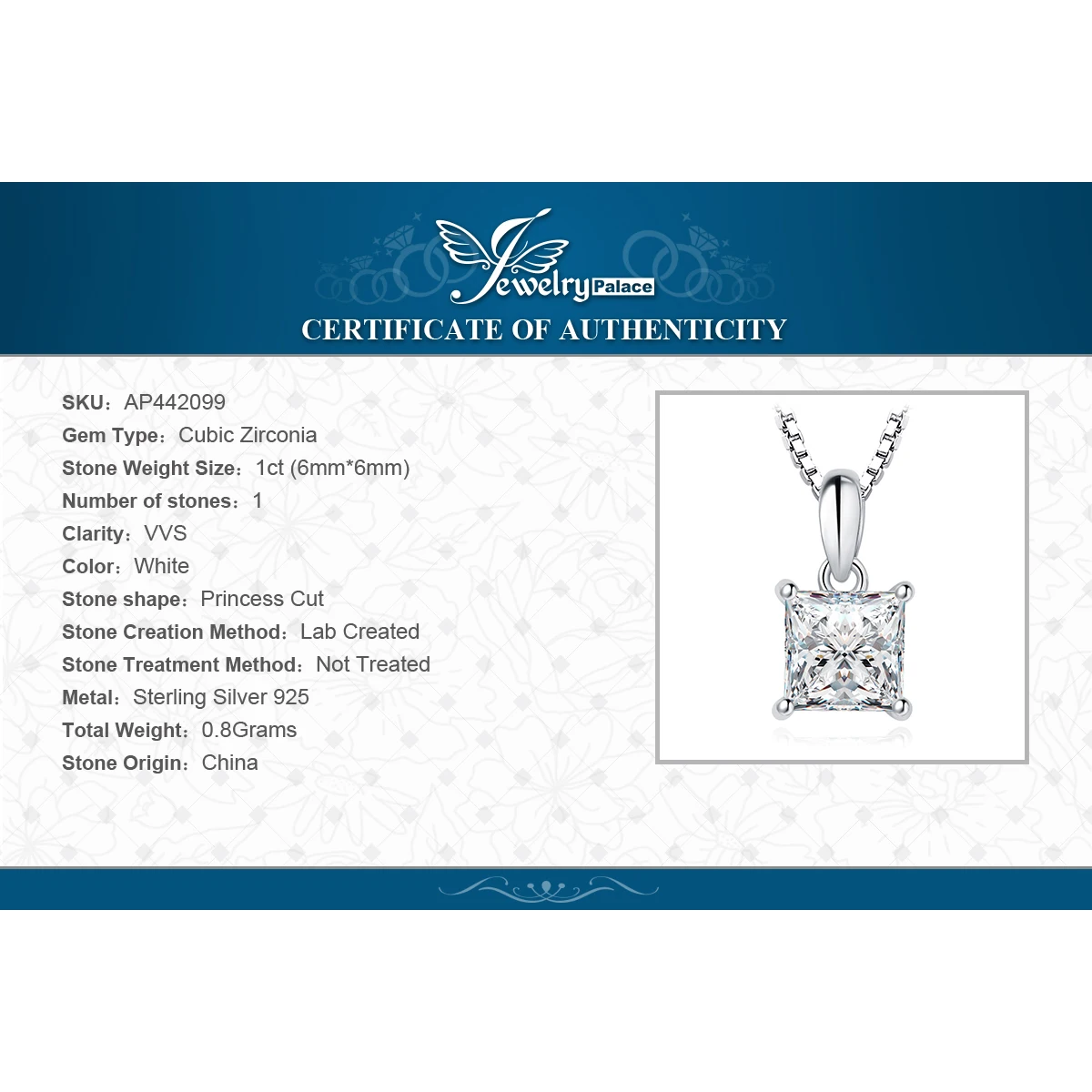 JewelryPalace 5A CZ 1ct Princess 925 Sterling Silver Pendant Necklace for Woman Lady Girl No Chain Fashion Birthday Gift