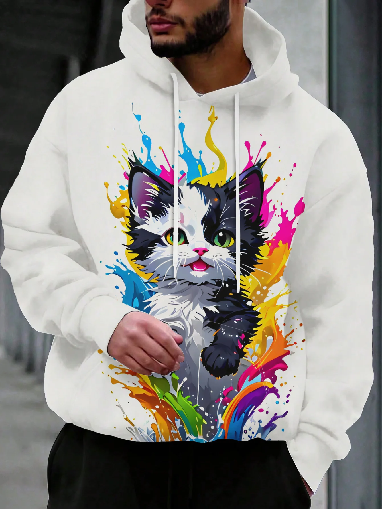 Men's Hoodie Autumn 3D Print Cute Kitten Color Paint Splash Art Pullover Streetwear Casual Sweatshirt Men Clothing