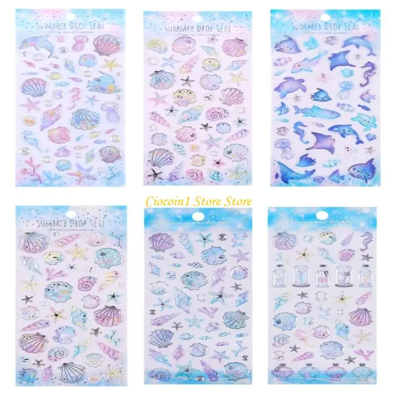 A3PC Sea Creature Embossed Decorative Sticker Kids Inspirational Sticker For Notebook Photo Album Phone Case Classroom Reward