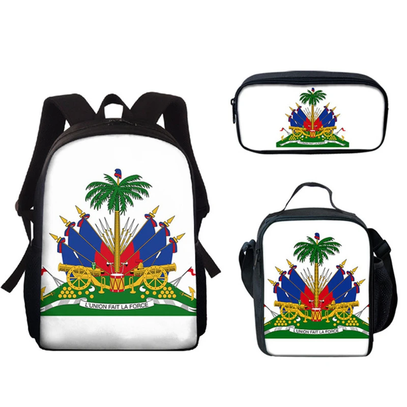 Klassieke Populaire Nieuwe Haïti Vlag 3D Print 3 stks/set Student Schooltassen Laptop Dagrugzak Rugzak Lunchtas Etui