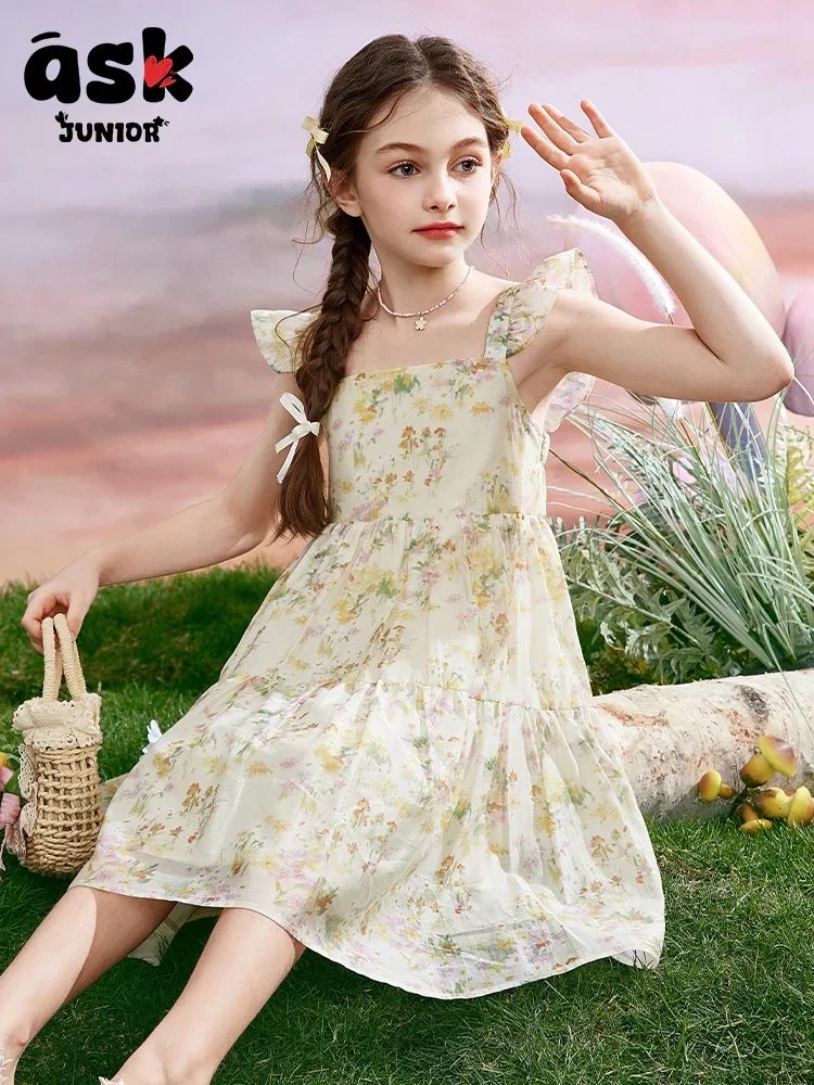 اسأل فستان صيفي للفتيات الصغيرات بحمالات زهرية وأكمام طائرة #3