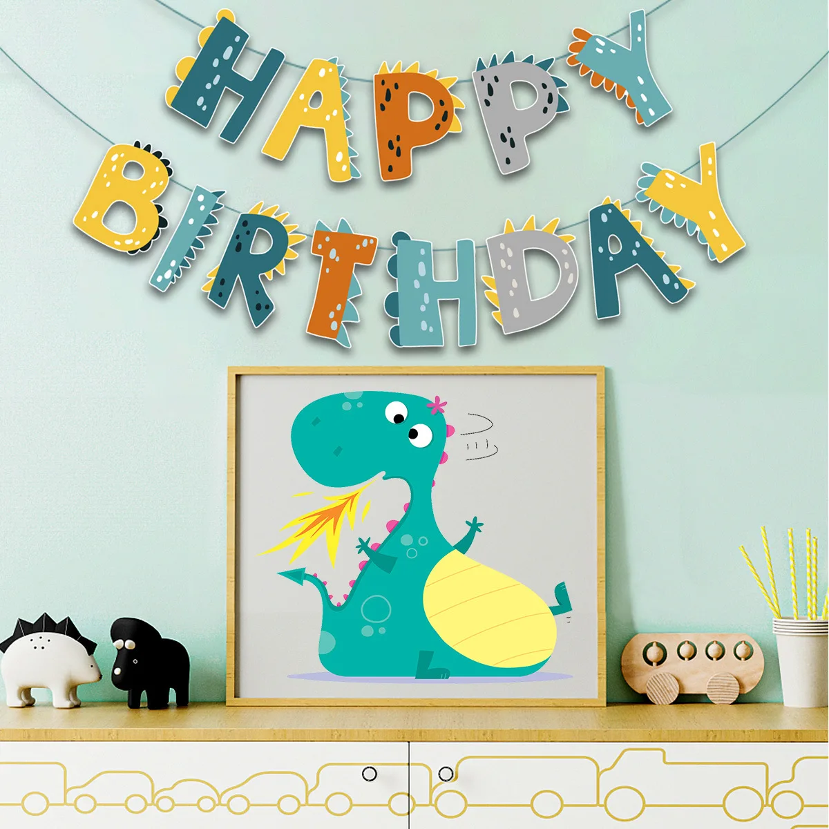 Dinosaur Themed Birthday Flag Happy Birthday Children\'s Birthday Party Background Decoration Dinosaur Flag Cake Flag