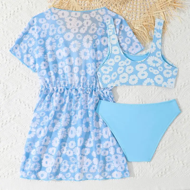 

Комплекты бикини из трех предметов для девочек с пляжным платьем, детский купальник с высокой талией, детский летний купальный костюм, пляжная одежда, купальные костюмы с милым принтом