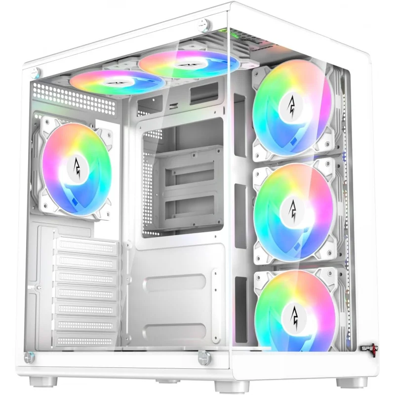 حافظة ألعاب متوسطة البرج - زجاج مقسى، تتضمن مراوح ARGB مقاس 6 × 120 مم ومحور مروحة ARGB ذو 10 منافذ مع جهاز تحكم عن بعد، ودعم ATX/M-ATX/ITX،