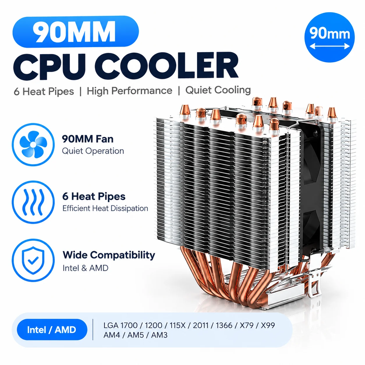 6 Heatpipes CPU Cooler 4PIN PWM PC Radiator for Intel LGA 1700 1200 1150 1151 1155 2011 X79 X99 1366 AMD AM5 AM4 90MM Ventilador