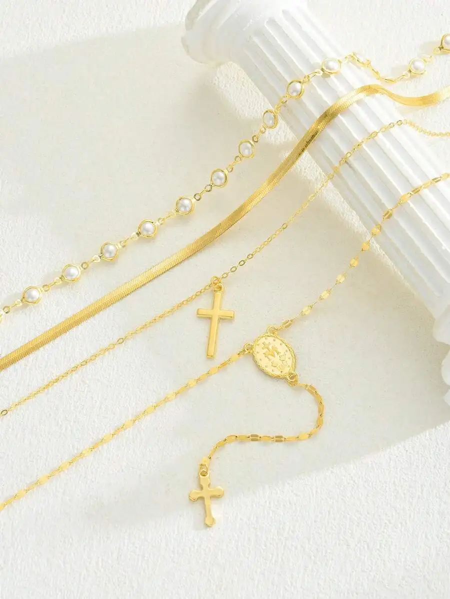 4pcs Y-Shaped Necklace Set With Faux Pearl Cross Pendant Snake Chain Minimalist Vintage Religious Design