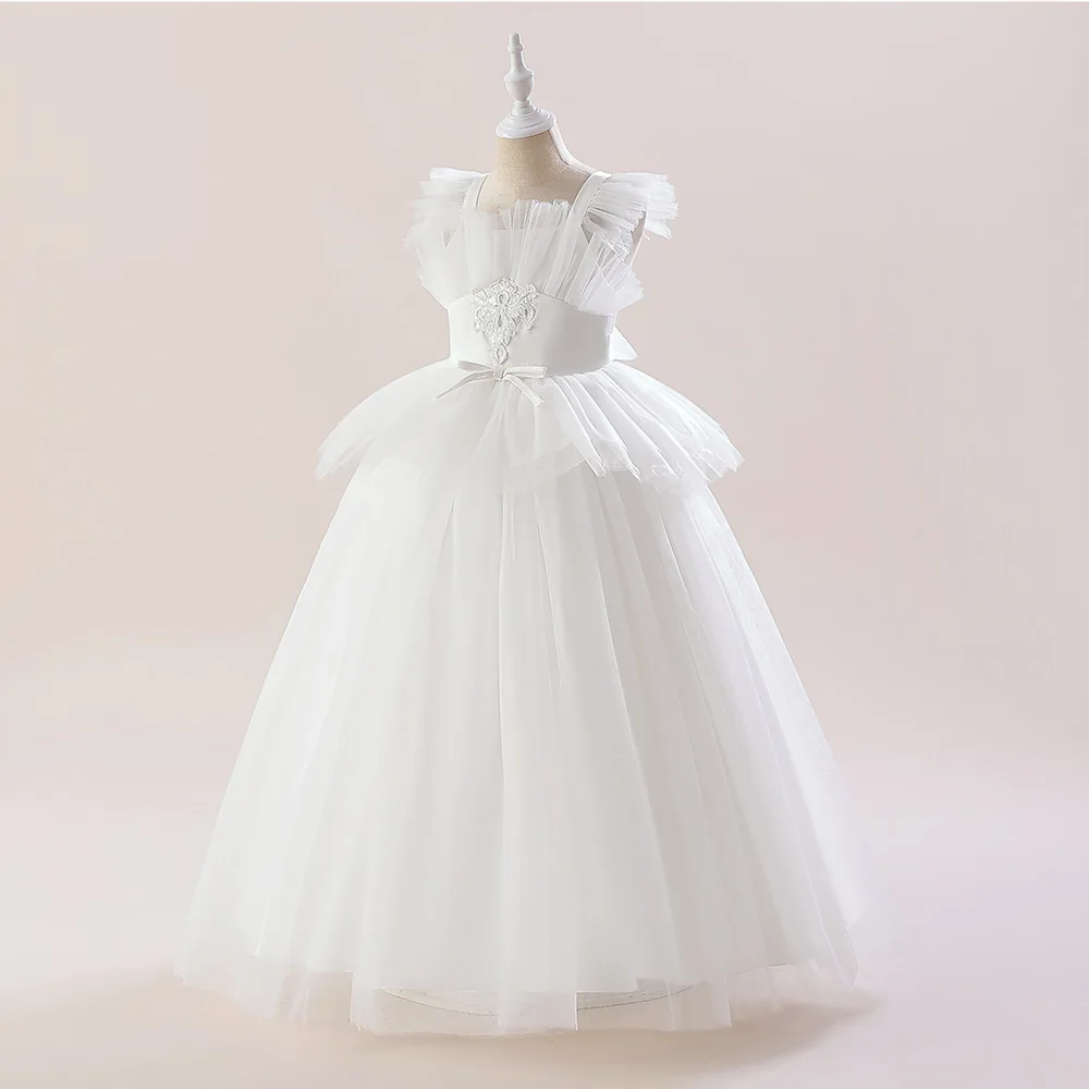 Long White Bridesmaid Dresse For Girls First Communion Princess Party Dress Puffy Tulle Kids Girl Birthday Wedding Prom Gown